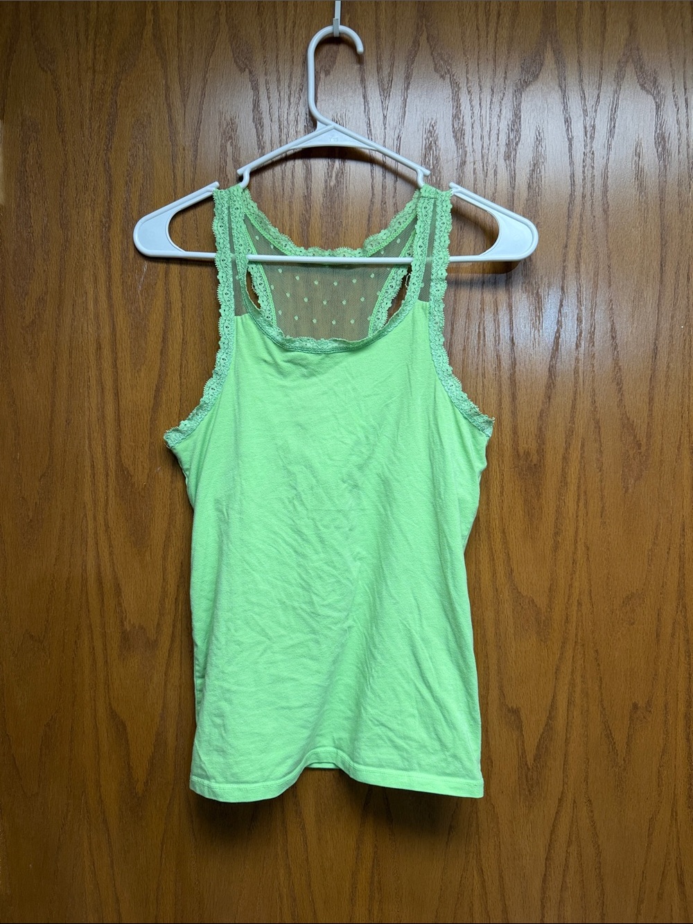 SO Lime Green Lace-Trim Tank with Sheer Dotted Back